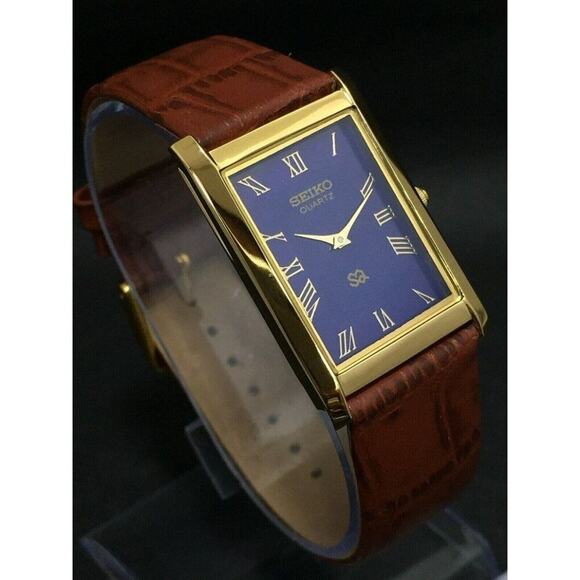 Vintage Style Seiko Quartz Mens Gold Watch & Blue accents W/ Leather Strap - Picture 1 of 6